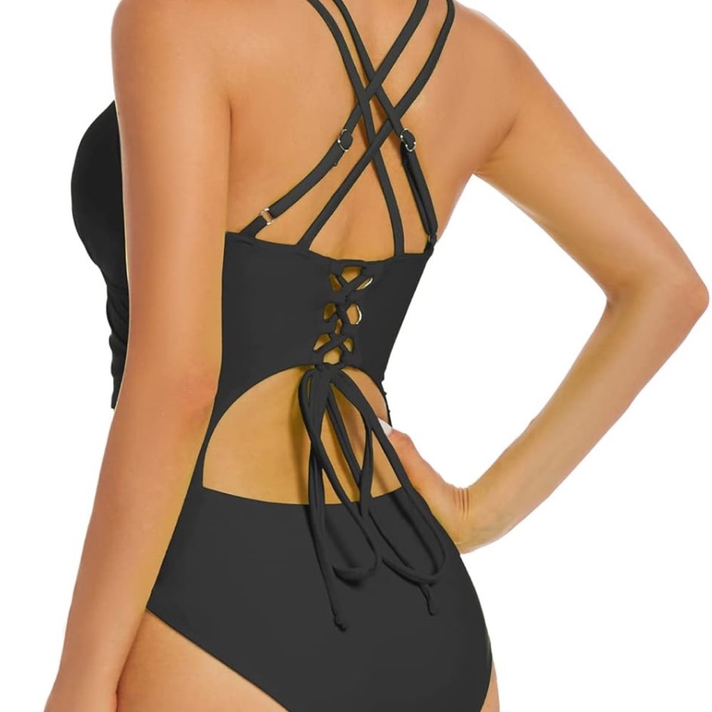 Black One-Piece Swimsuit with V-Neck and Ruching